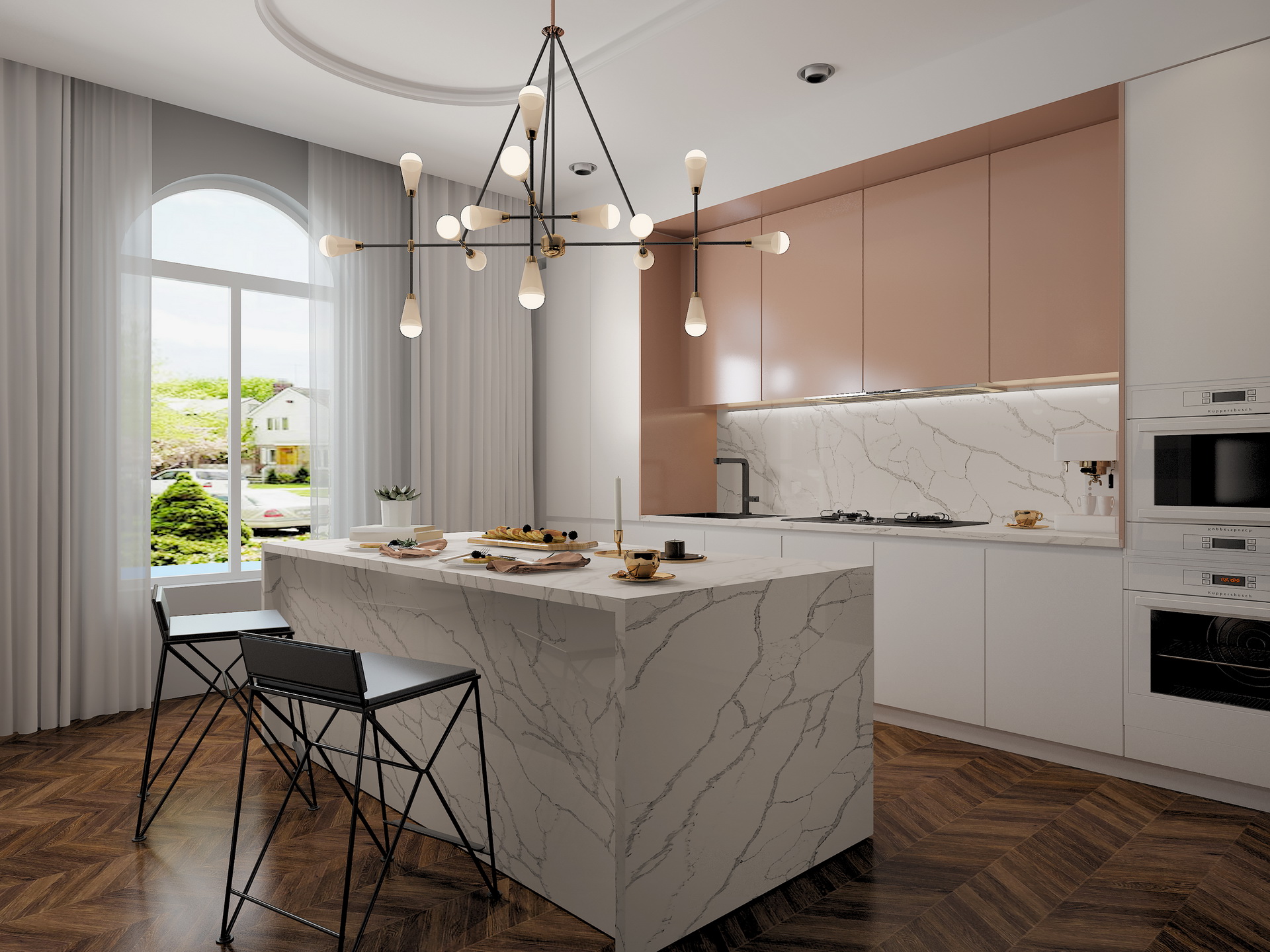 What design styles or themes complement Calacatta quartz best in